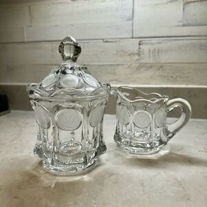 VINTAGE, FOSTORIA AMERICAN CLEAR CRYSTAL “COIN” GLASS CREAMER & SUGAR BOWL